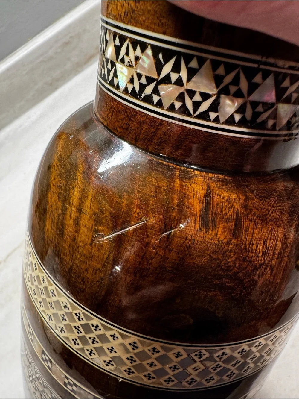 Vintage Mother of Pearl Inlaid Wood Vase 12”